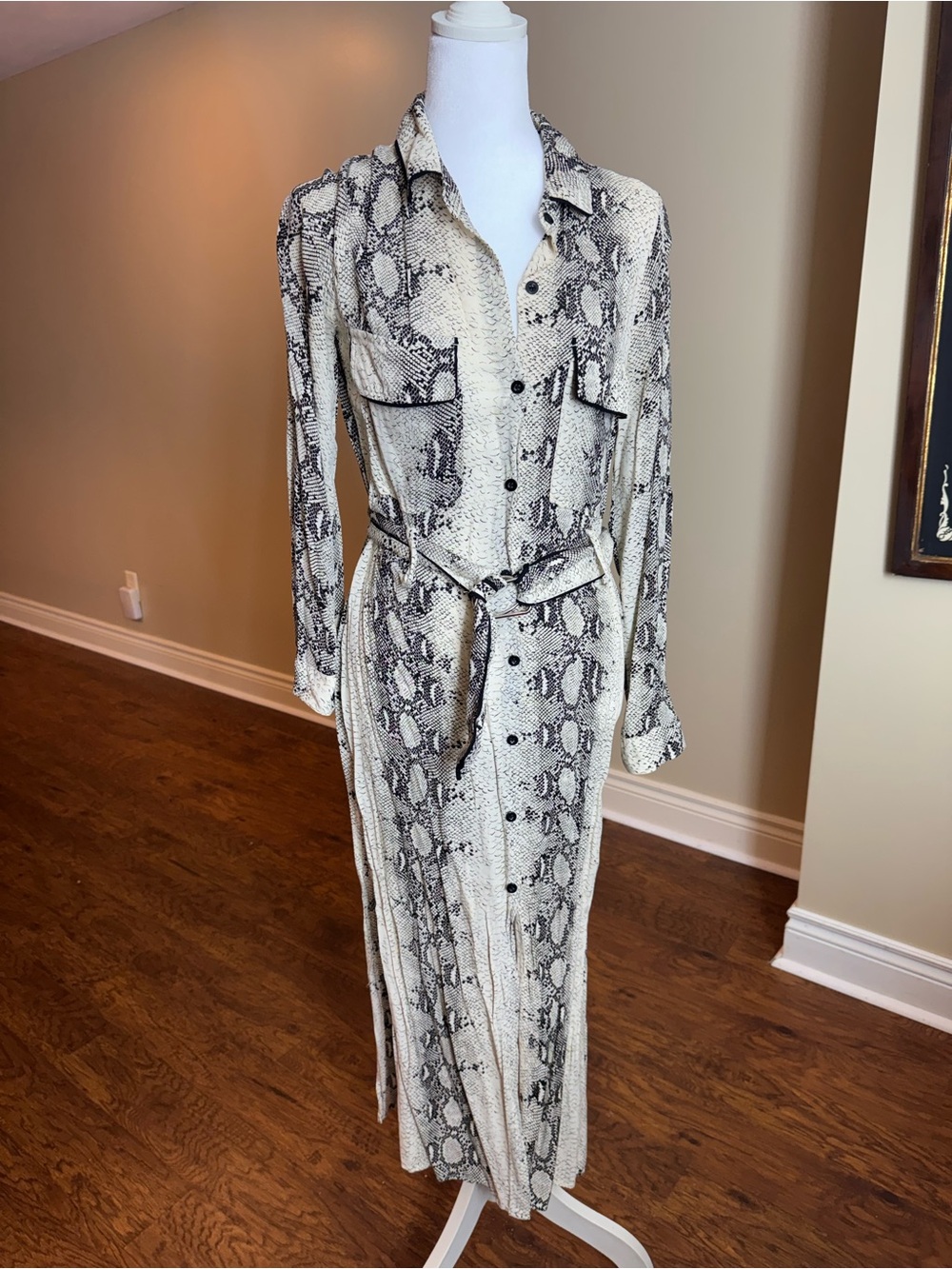 Fashion Nova Cream and Black Snake Print Midi Shirt Dress